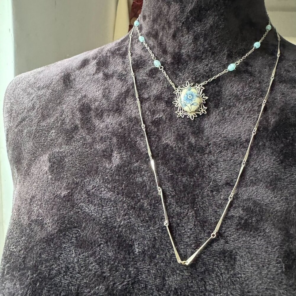 Vintage Silver Double Chain Necklace With Blue Floral Pendant & Beads 19 inches